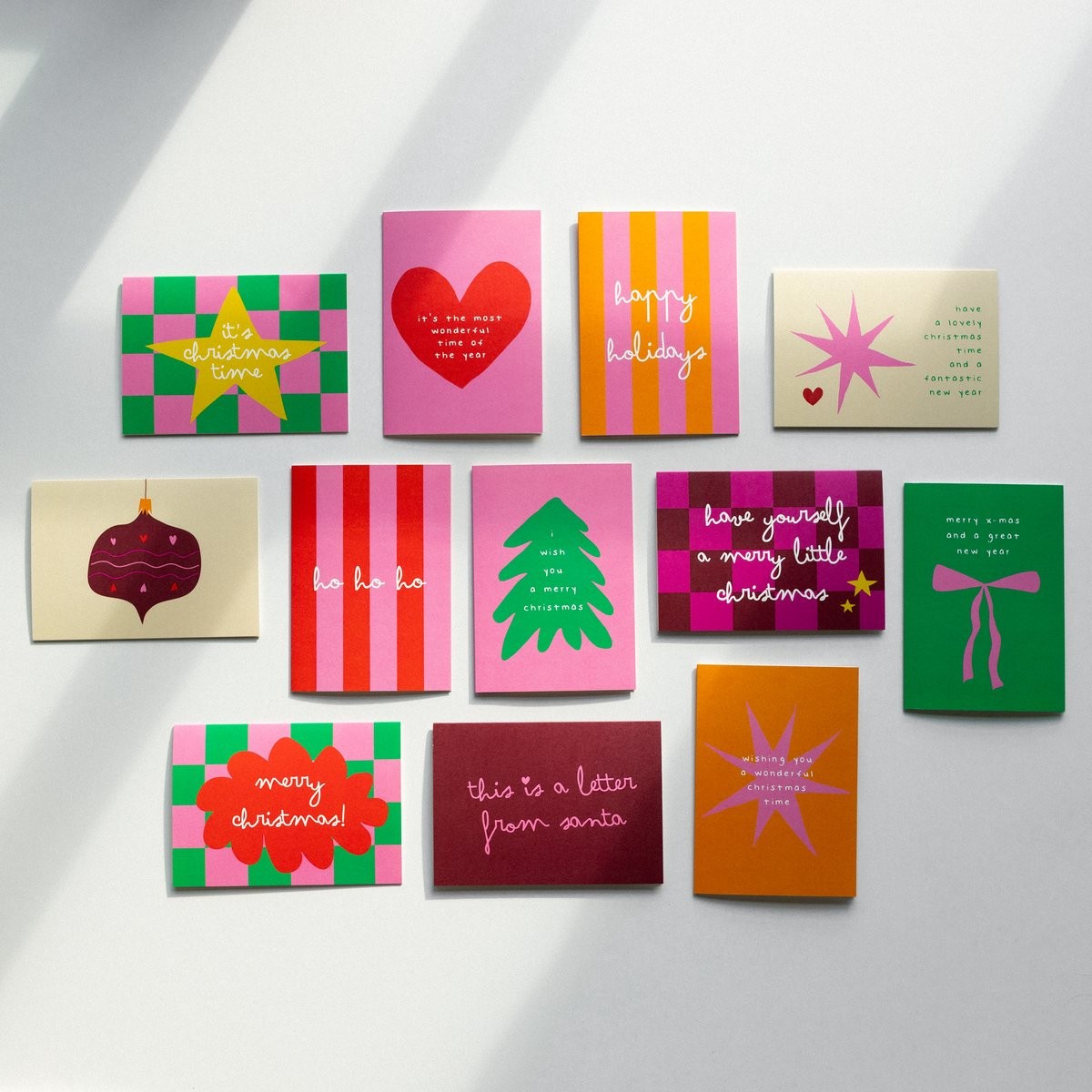 12x hippe kleurrijke kerstkaarten (A6 formaat)
